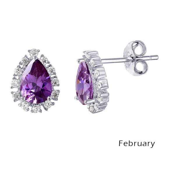 Sterling Silver 925 Rhodium Plated Teardrop Halo CZ Birthstone Earrings February
